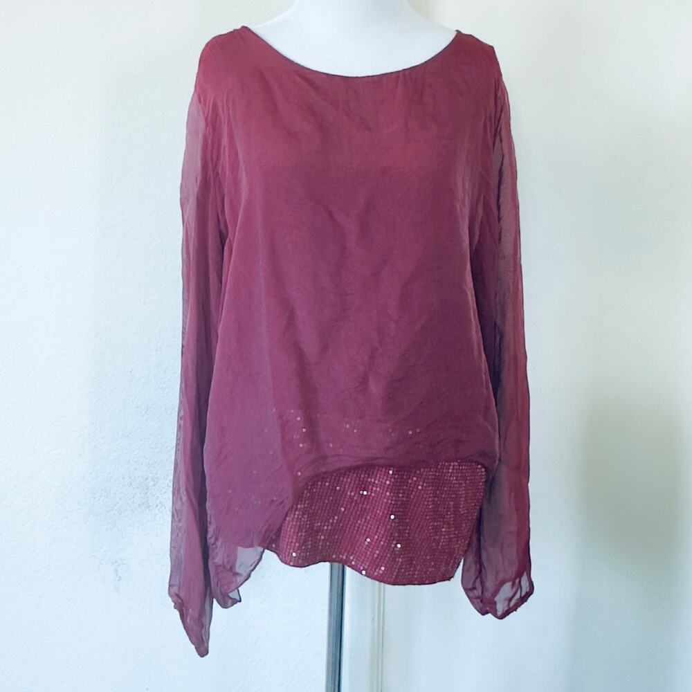 Italian Silk Sequin Sheer Blouse Mulberry Wine Tunic Top Boho Sz M Quiet Luxury - Picture 2 of 7